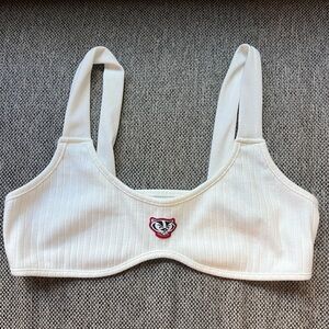 White ribbed bralette with Bucky badger patch